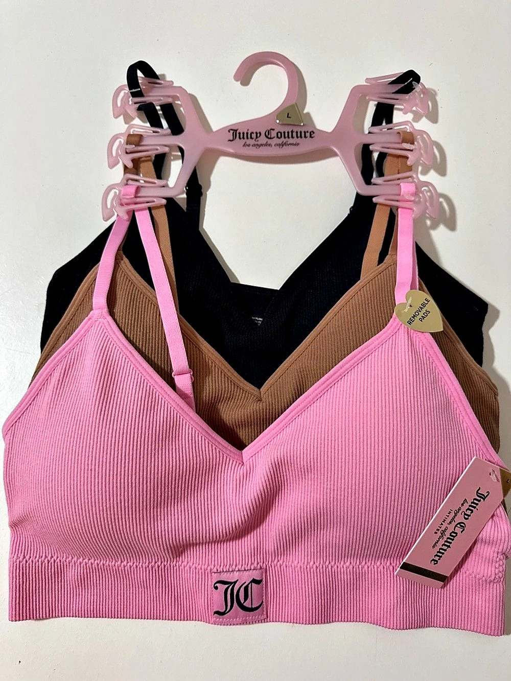 Juicy Couture Seamless Ribbed Bralette 3-Pack Pink, Brown & Black